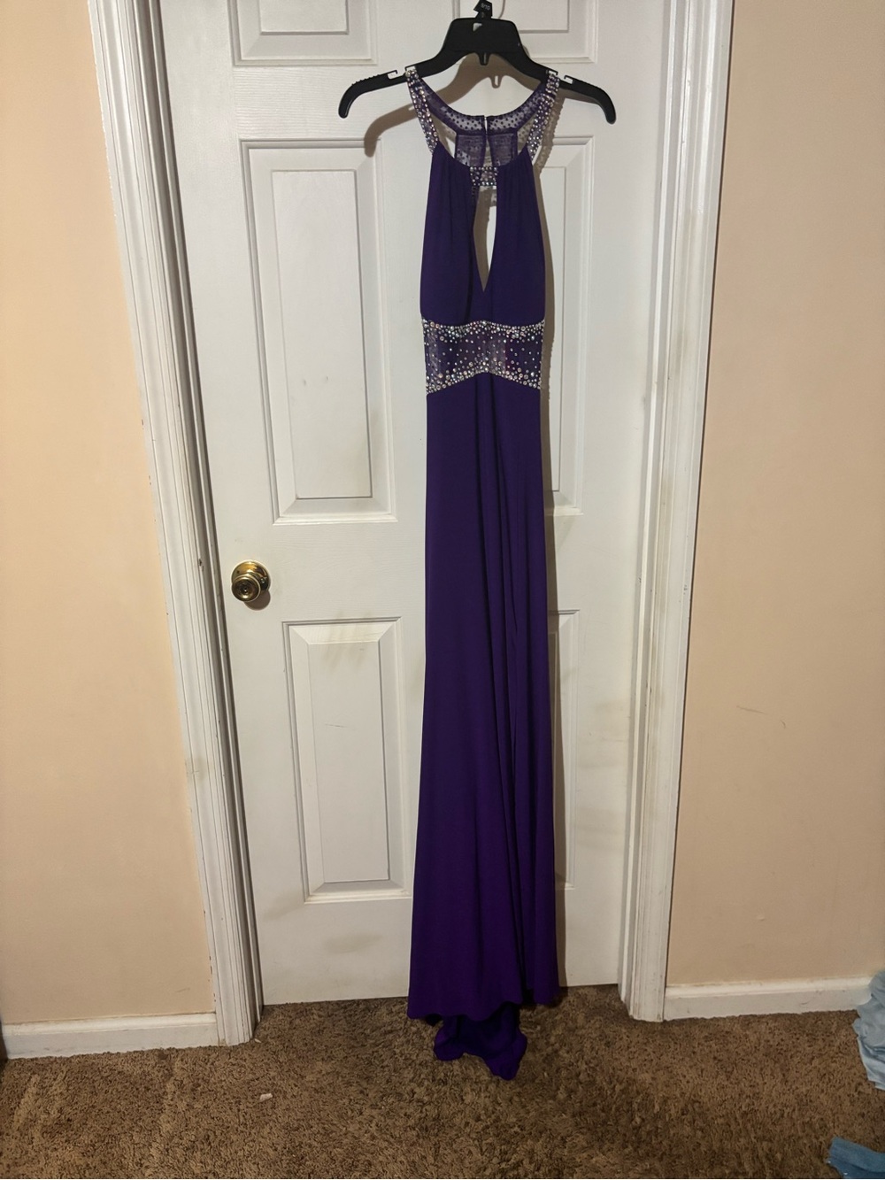 Morgan & Co. Purple Jeweled Halter Evening Gown